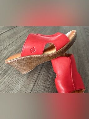Born Red Leather Wedge Slide Sandals